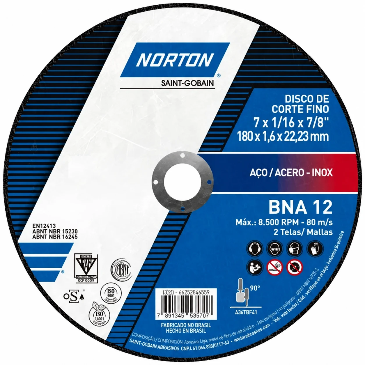 Disco de corte fino BNA 12 Norton  7″ x 1/16″ x 7/8″ (180 x 1,6 x 22,23 mm)