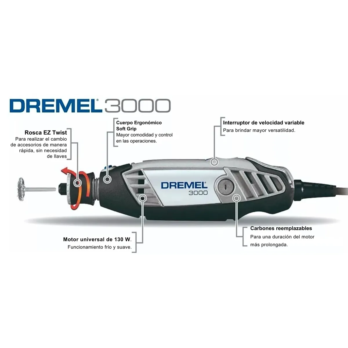 Dremel 3000 Minitorno Multiherramienta Mototool 130 W 220 V con 10 accesorios · vista 2